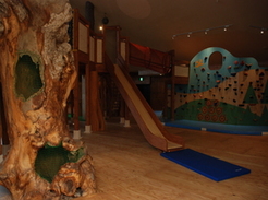 フローリングの床の上に木でできた滑り台やロッククライミングが出来る遊具が設置してあるつべつ木材工芸館キノスの内装の写真