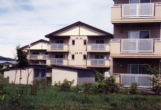 右手前から左奥に3棟が重なるように並んで建つ3階建て薄ベージュ色の集合住宅の写真