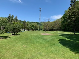 緑の芝生が広がり所々に木が植えられたバンカーや緩やかな斜面が整備されている本岐地区パークゴルフ場の風景の写真