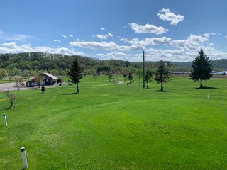 見晴らしが良く緩やかな傾斜があり芝生が整備され所々に木が植えられているふれあい公園パークゴルフ場の風景の写真